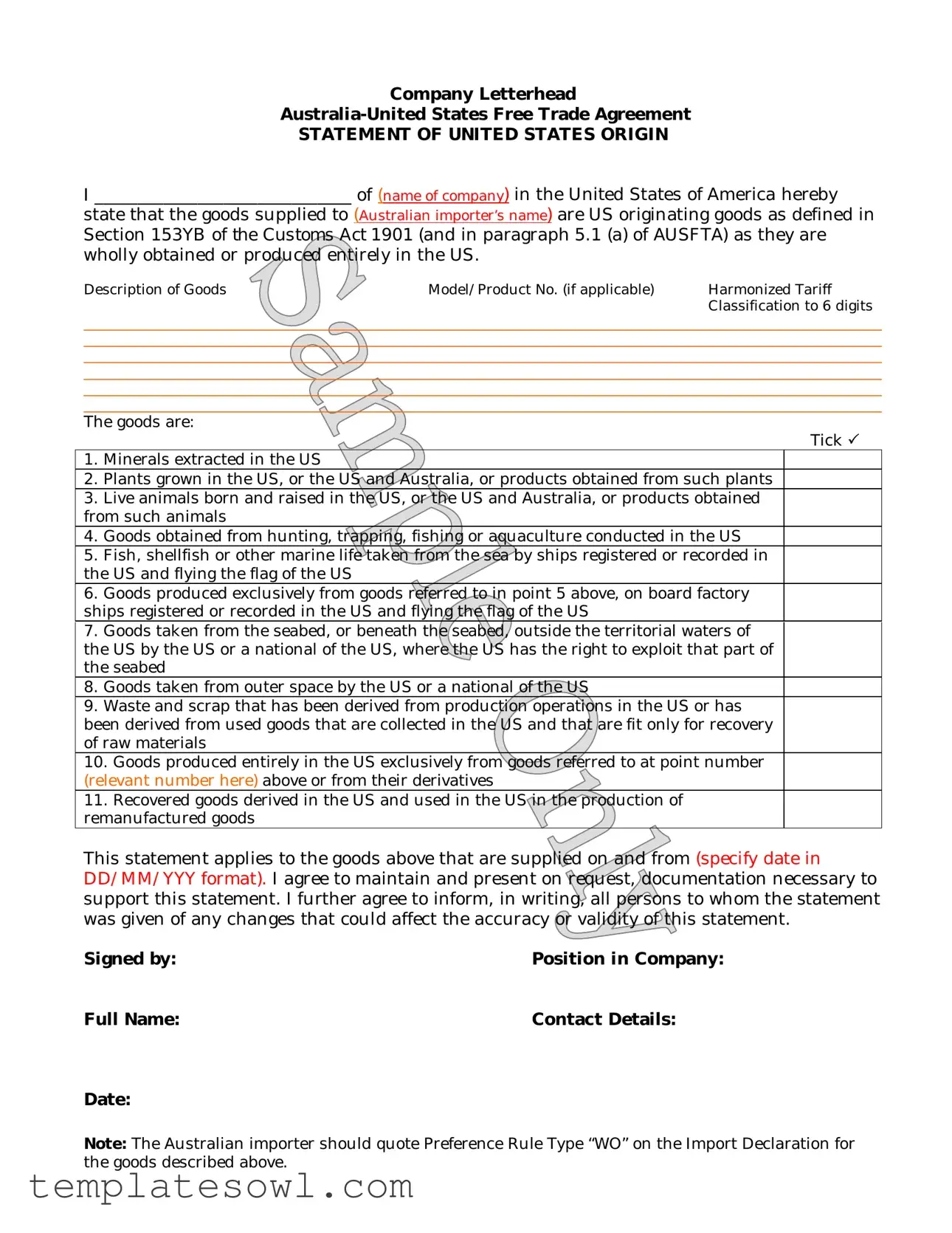Fill Out Your Us Australia Trade Agreement Form