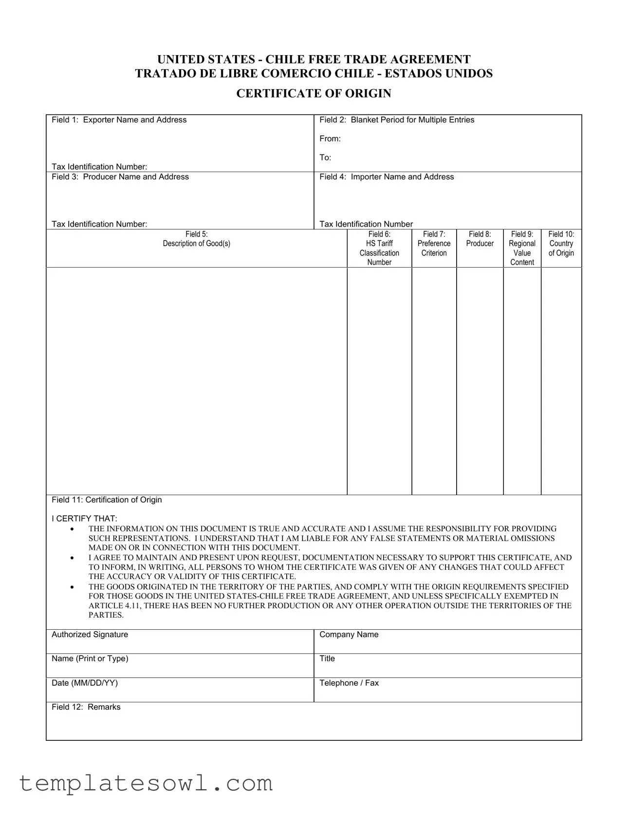 Fill Out Your Us Chile Certificate Of Origin Form