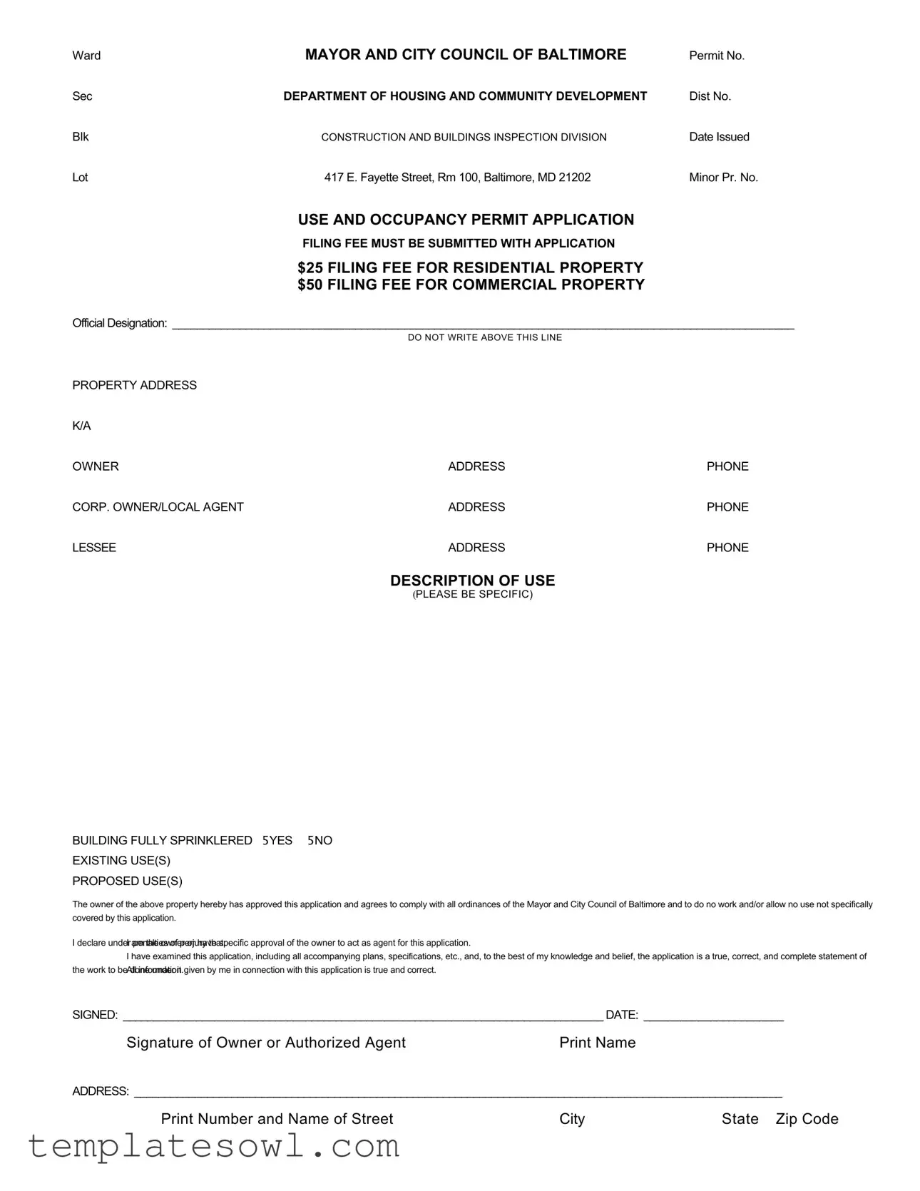 Fill Out Your Use Occupancy Permit Baltimore City Form
