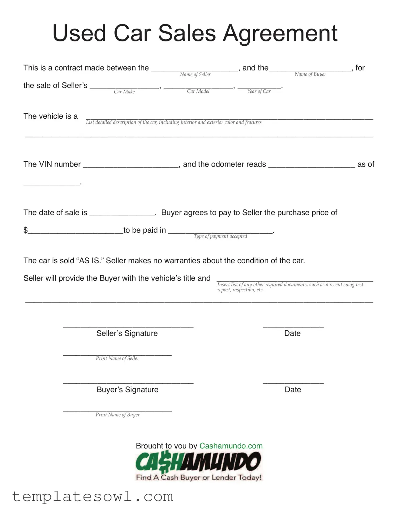 Fill Out Your Used Car Agreement Form
