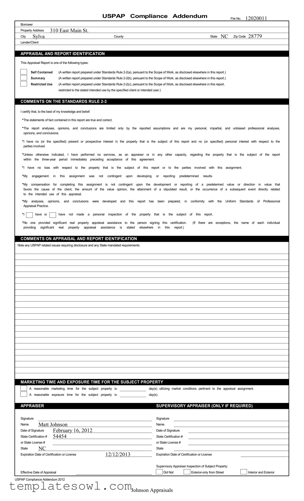 Fill Out Your Uspap Compliance Addendum Form