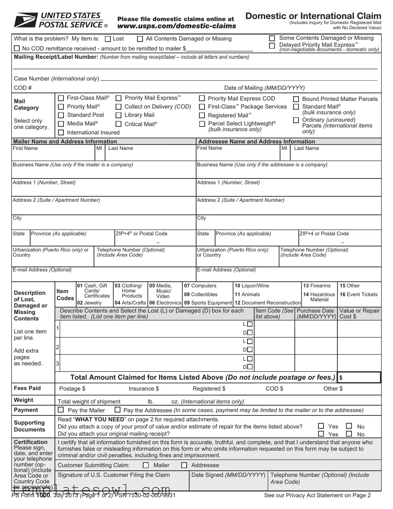 Fill Out Your Usps Domestic Claim Form
