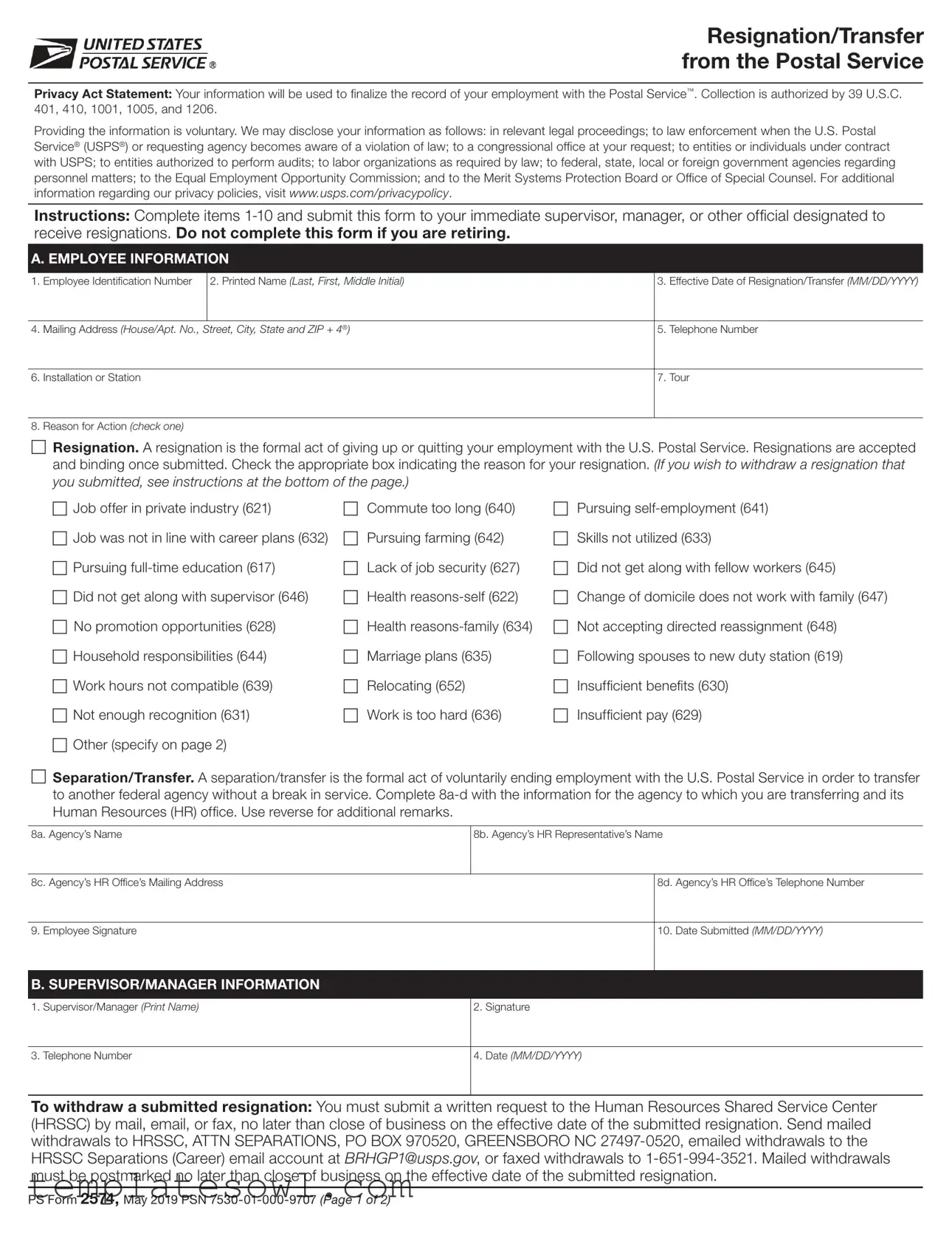 Fill Out Your Usps Resignation Form