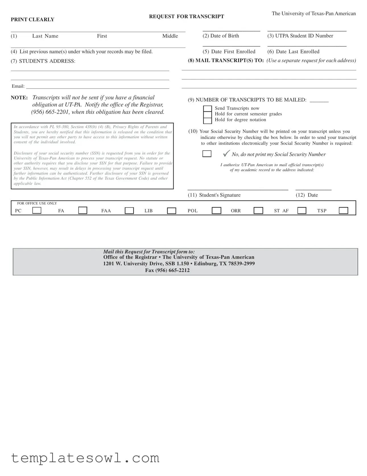 Fill Out Your Utpa Request Transcript Form