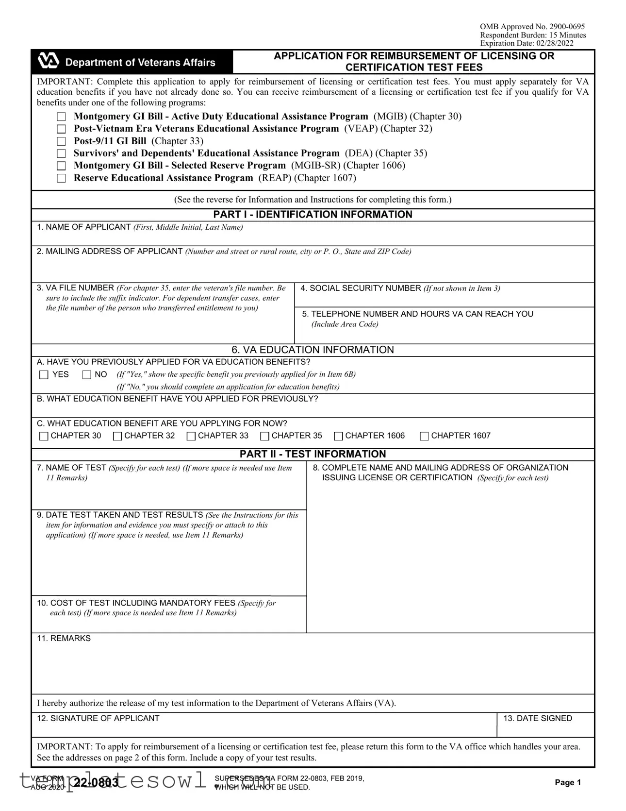 Fill Out Your Va 22 0803 Form