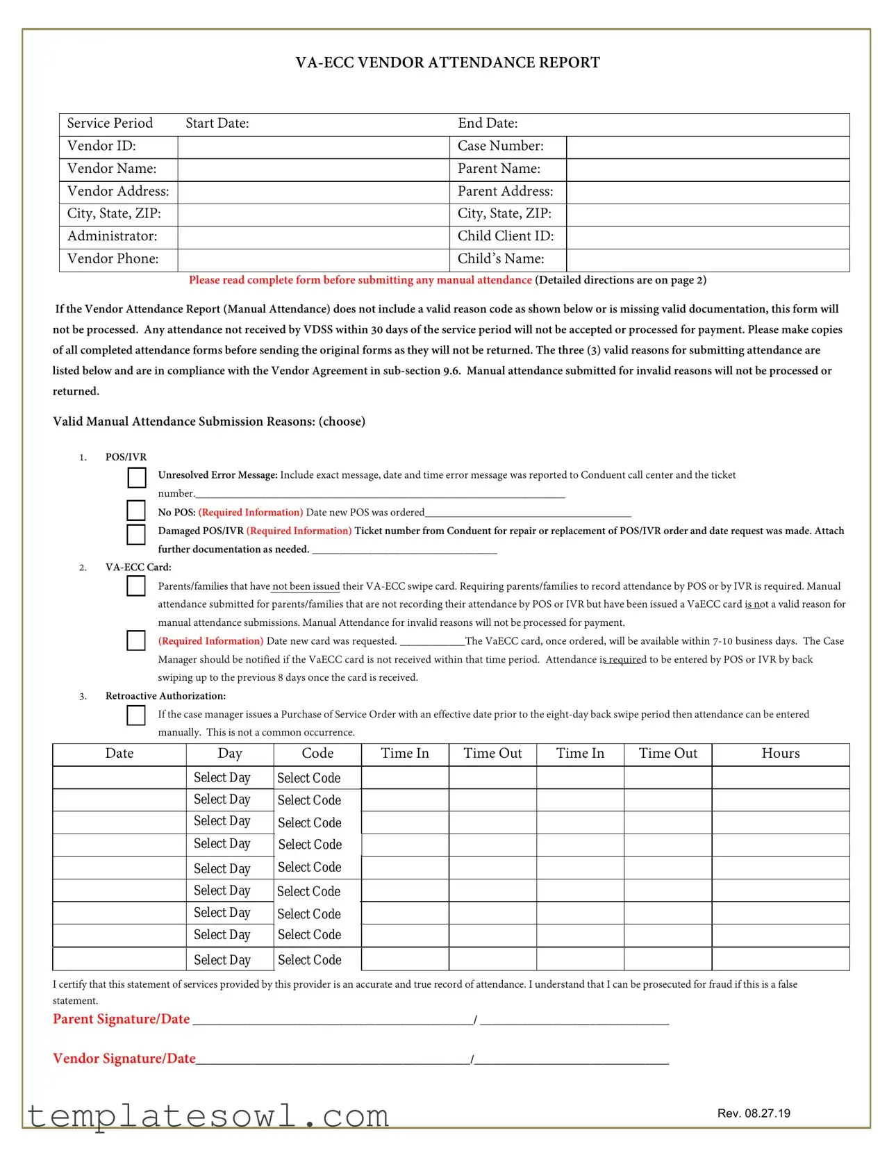 Fill Out Your Va Ecc Vendor Attendance Report Form