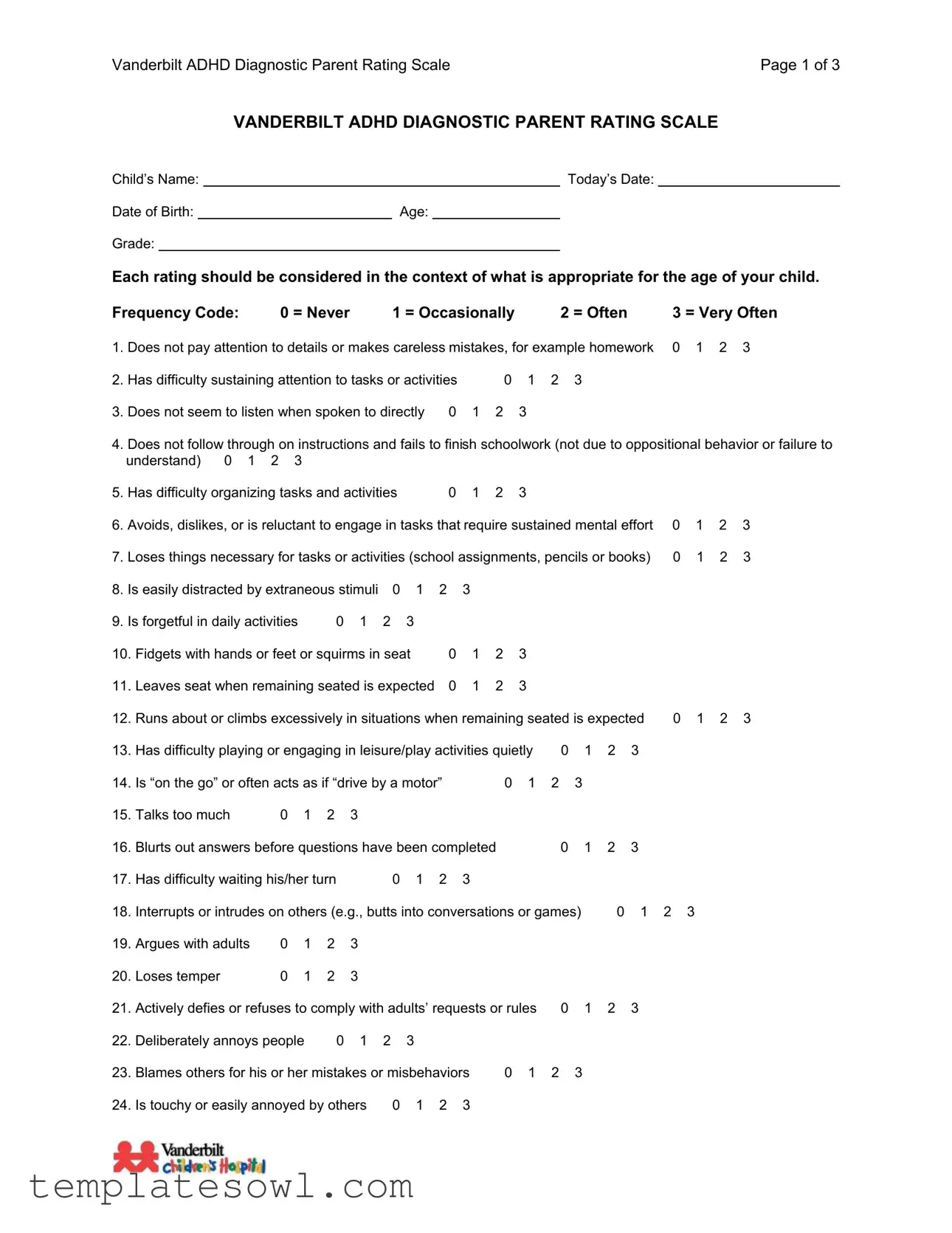 Fill Out Your Vanderbilt Assessment Scale Form