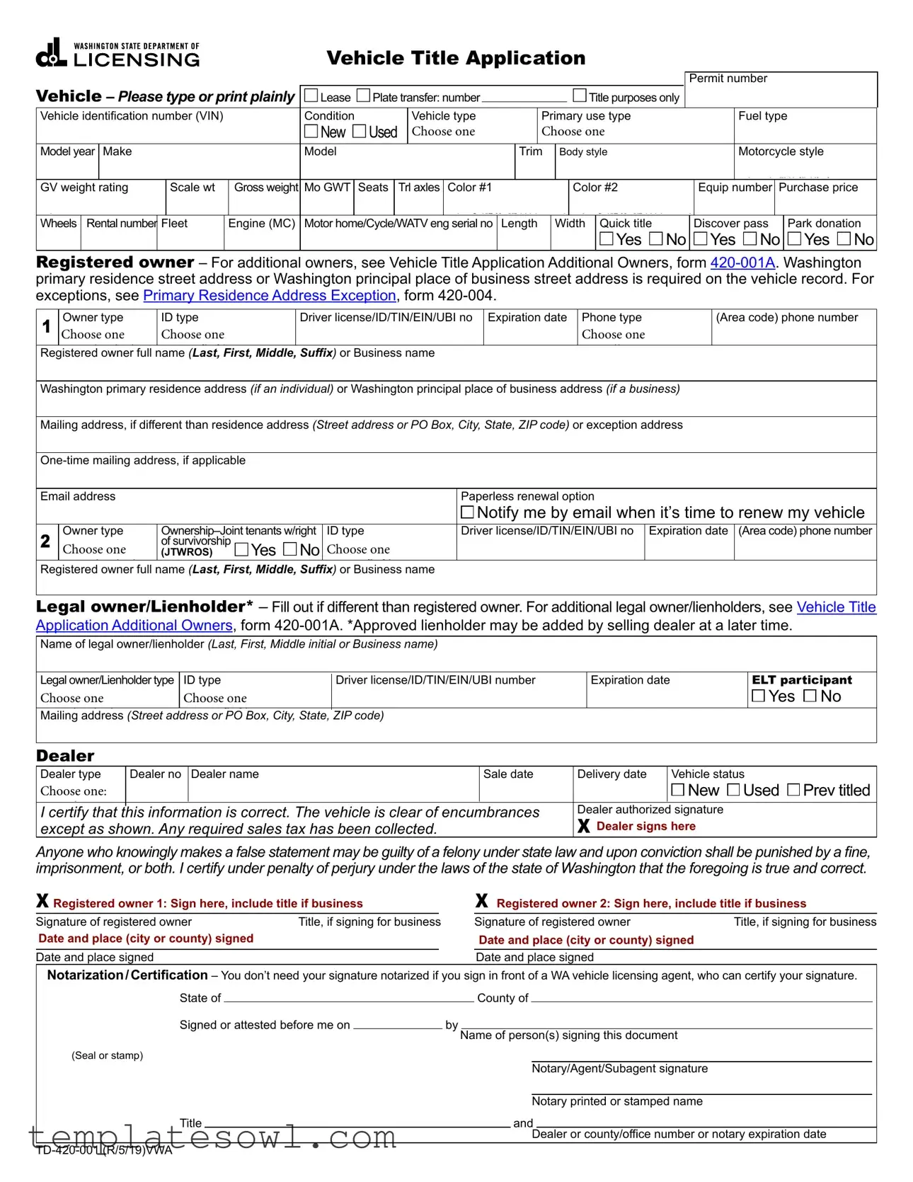 Fill Out Your Vehicle Certificate Of Ownership Form