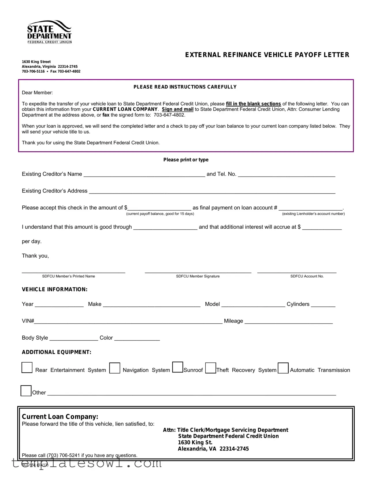 Fill Out Your Vehicle Payoff Sample Letter Form