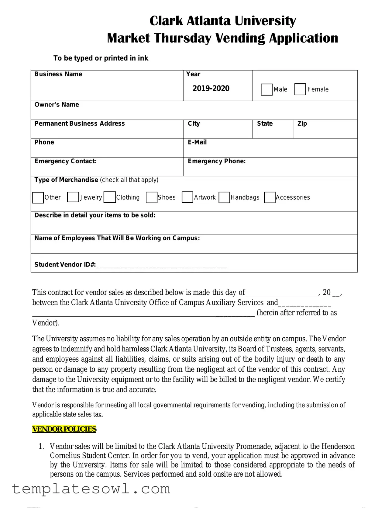 Fill Out Your Vendor Thursday At Clark Form