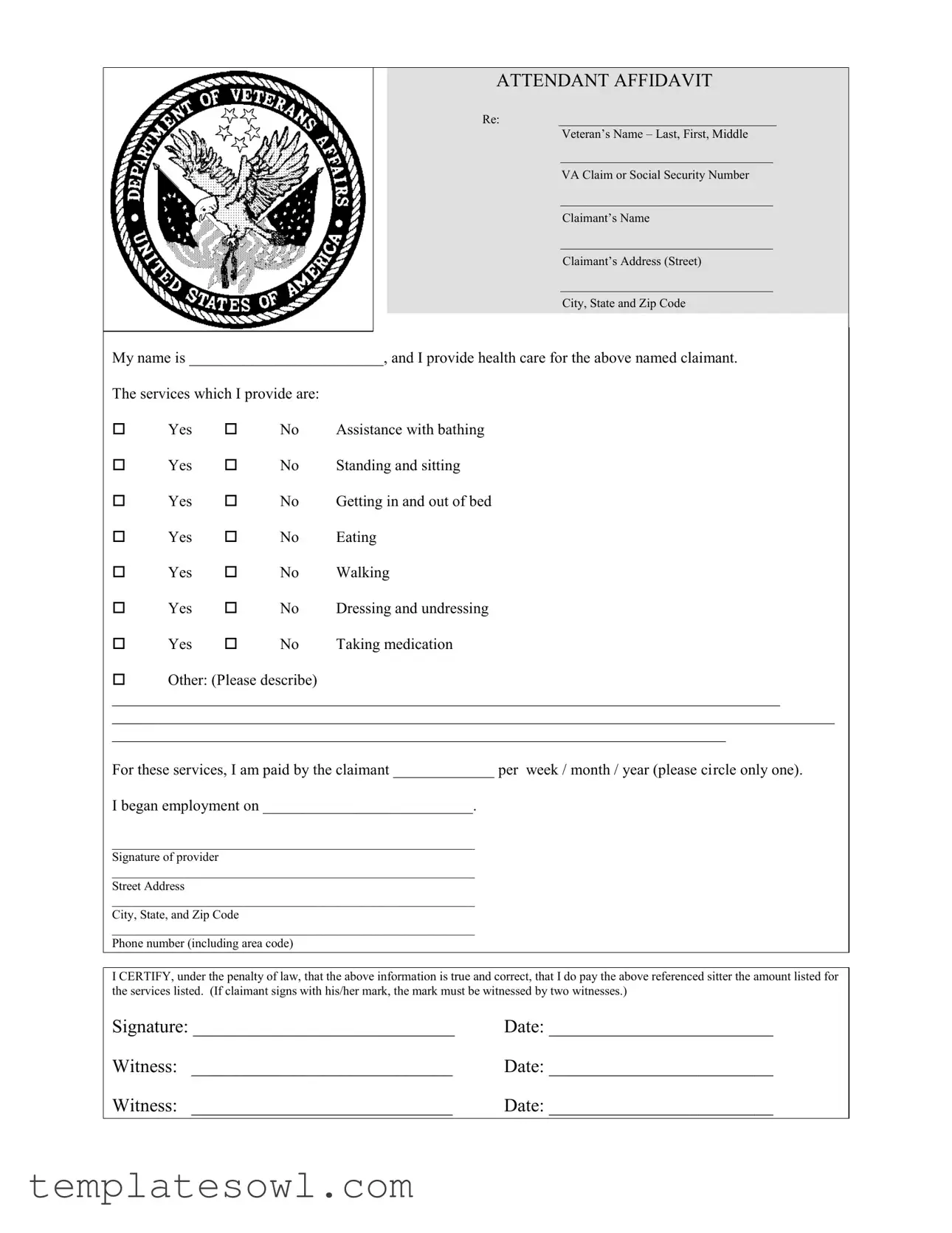 Fill Out Your Veterans Affair Attendant Affidavit Form