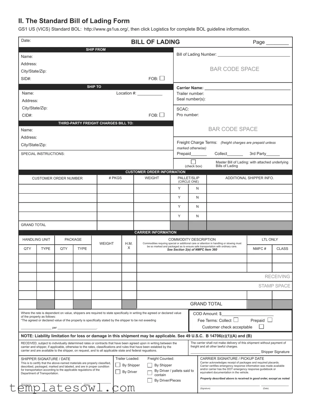 Fill Out Your Vics Bill Lading Form
