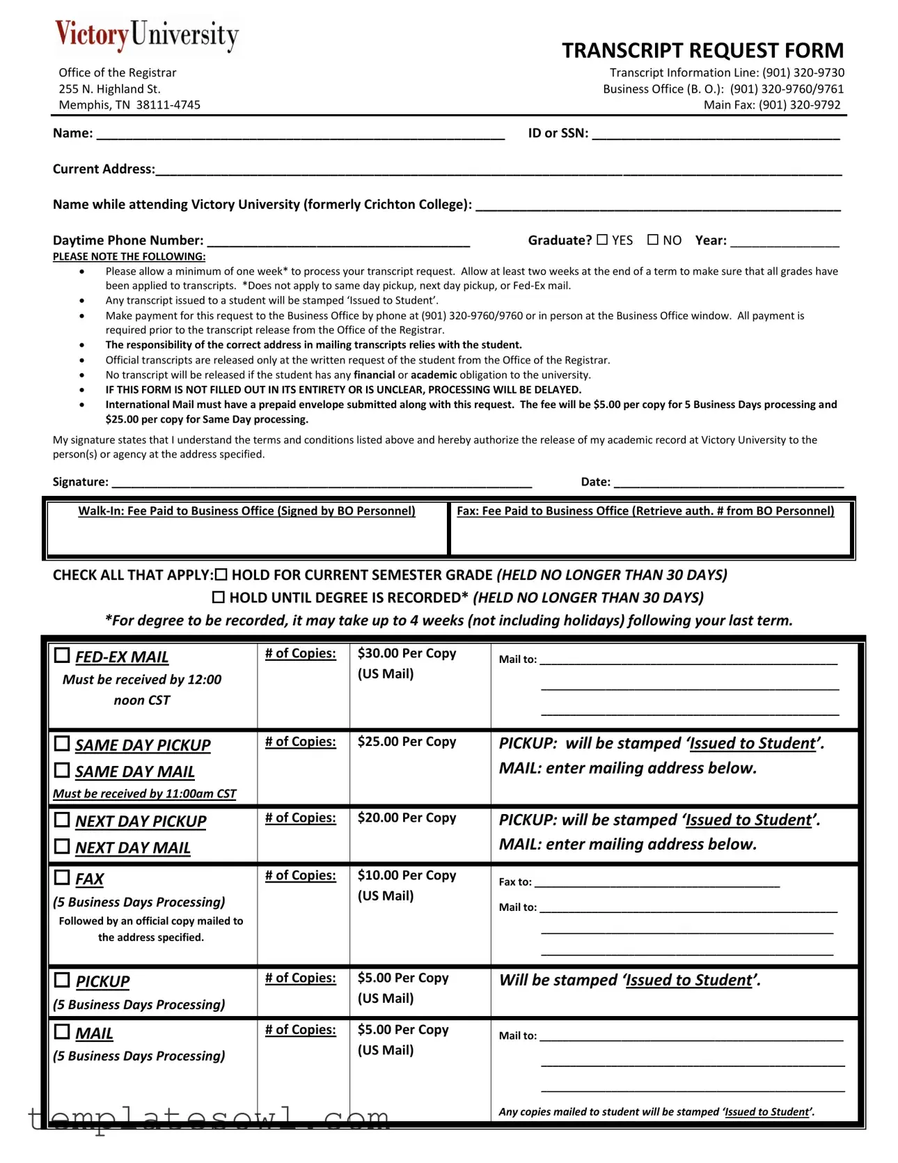 Fill Out Your Victory University Transcript Form