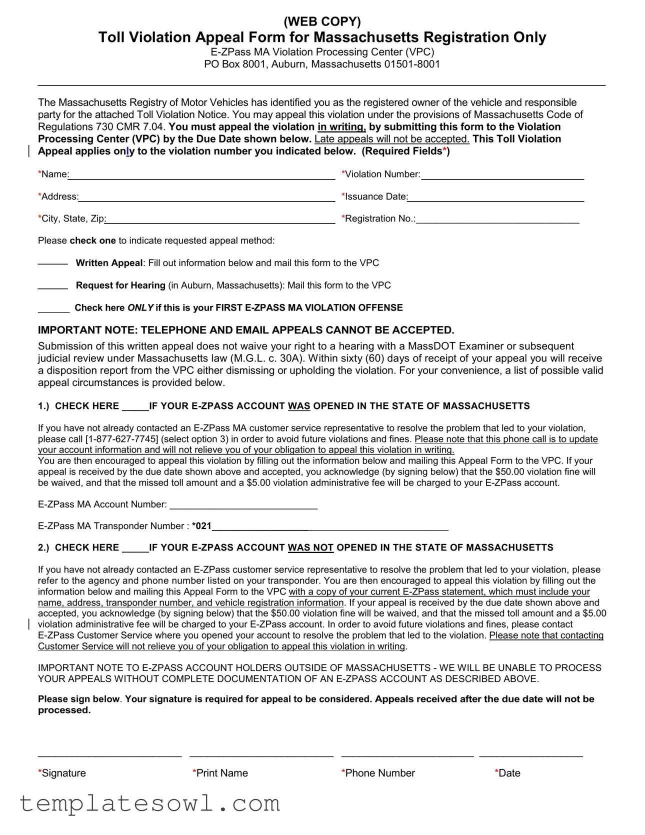 Fill Out Your Violation Appeal Form