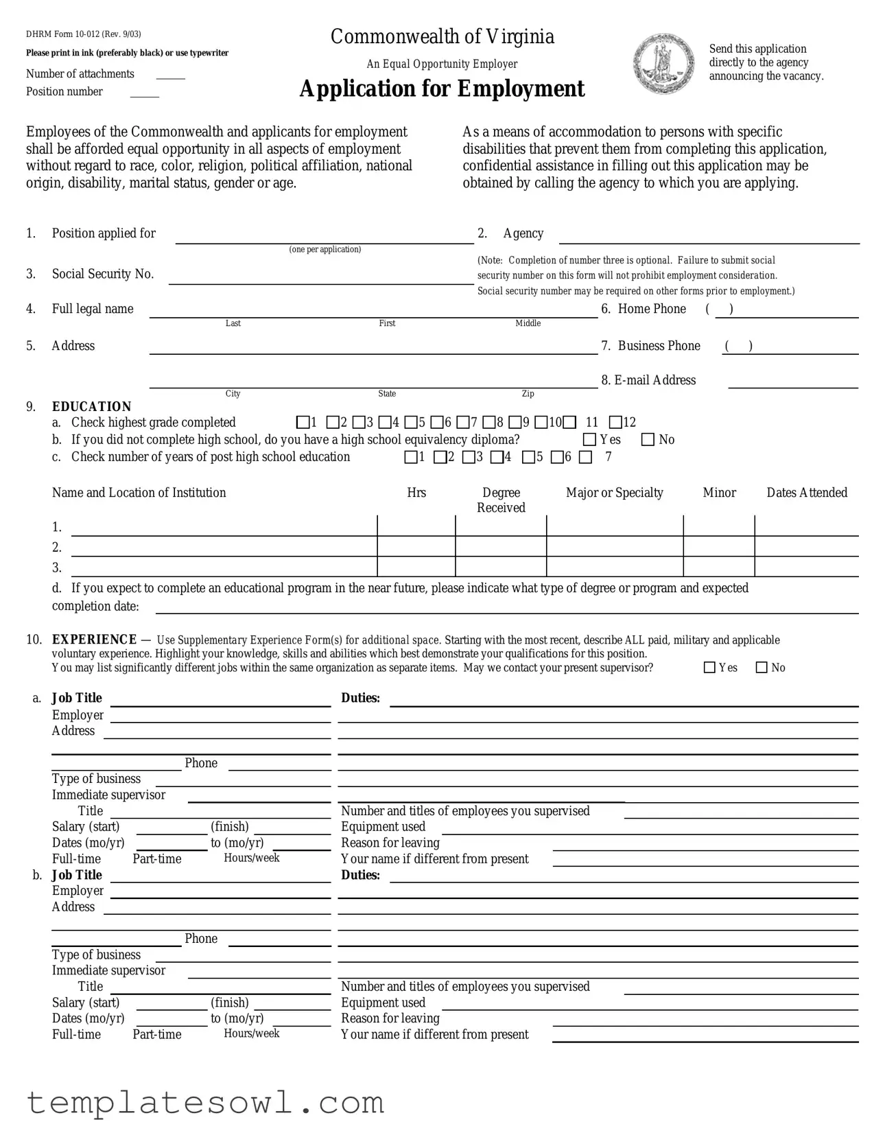 Fill Out Your Virginia Job Application Form