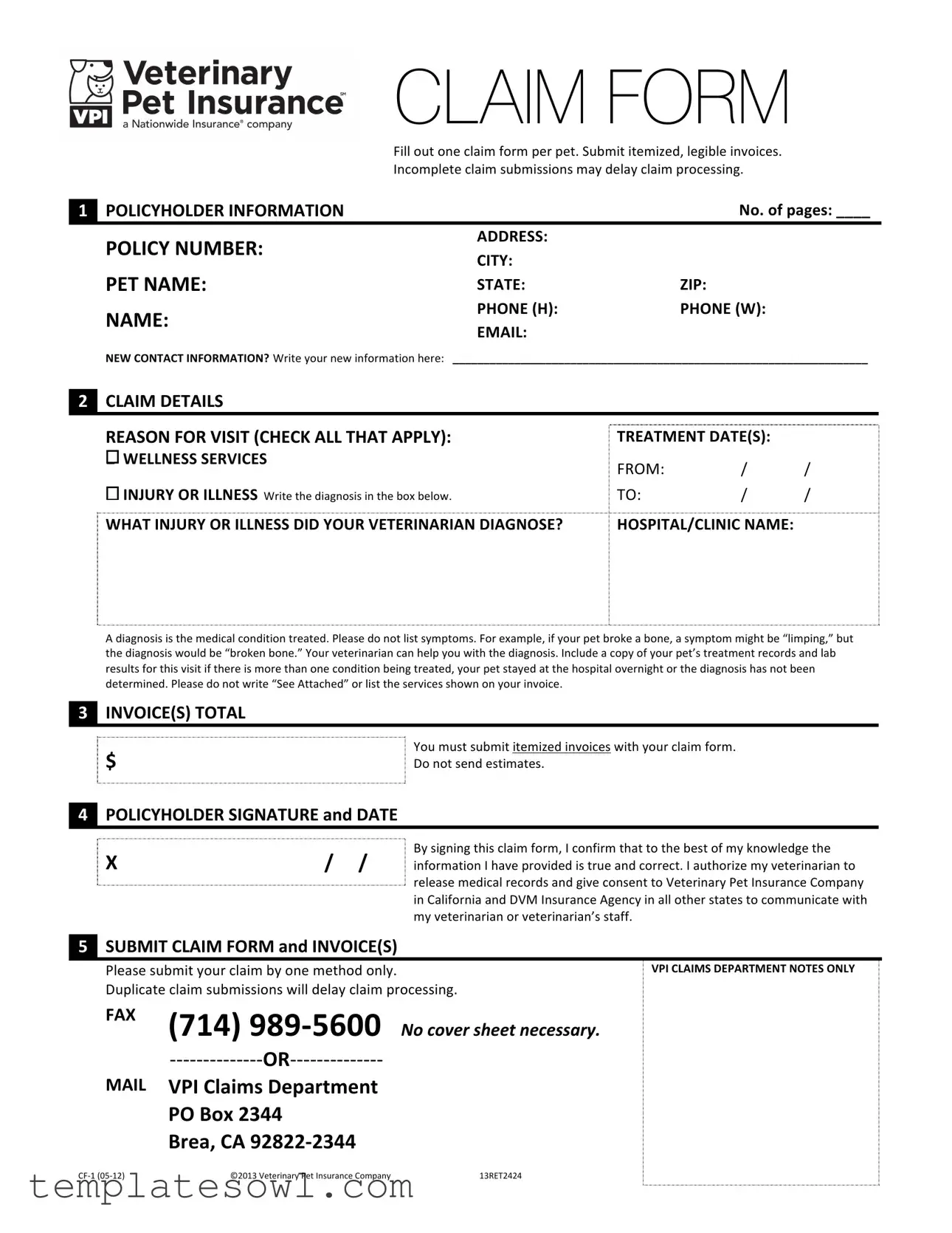 Fill Out Your Vpi Claim Form