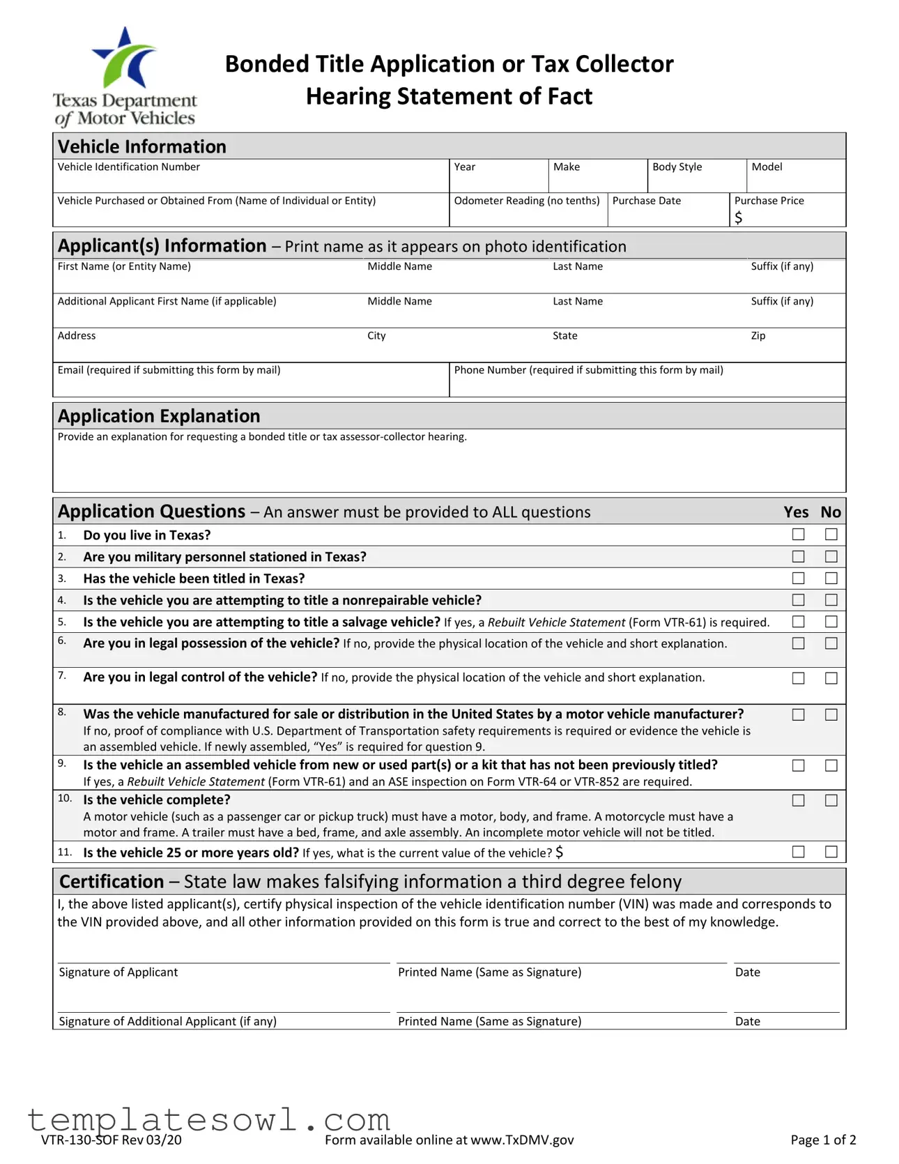 Fill Out Your Vtr130 Sof Form