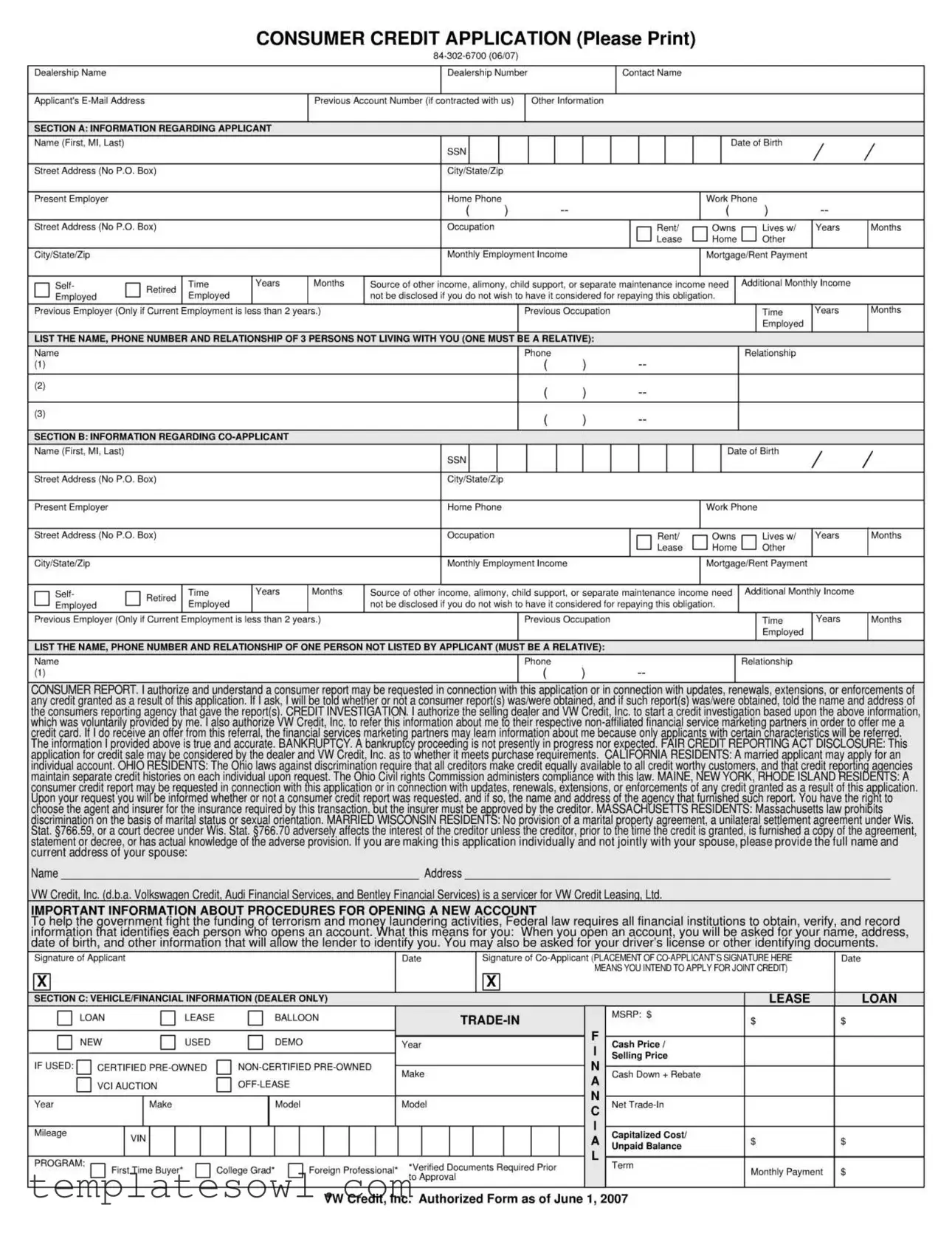 Fill Out Your Vw Credit Application Form