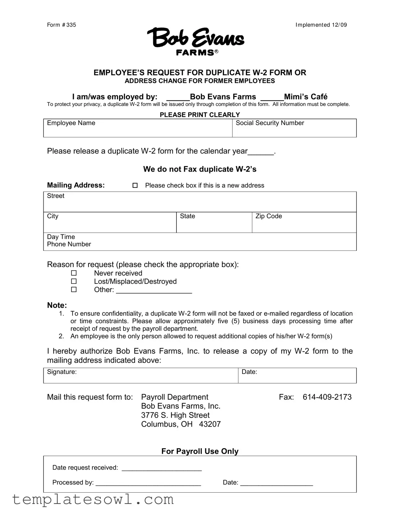 Fill Out Your W2 Bob Evans Indianapolis Form