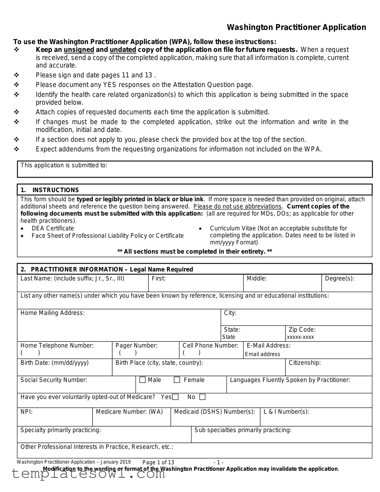Fill Out Your Wa Practitioner Application Form