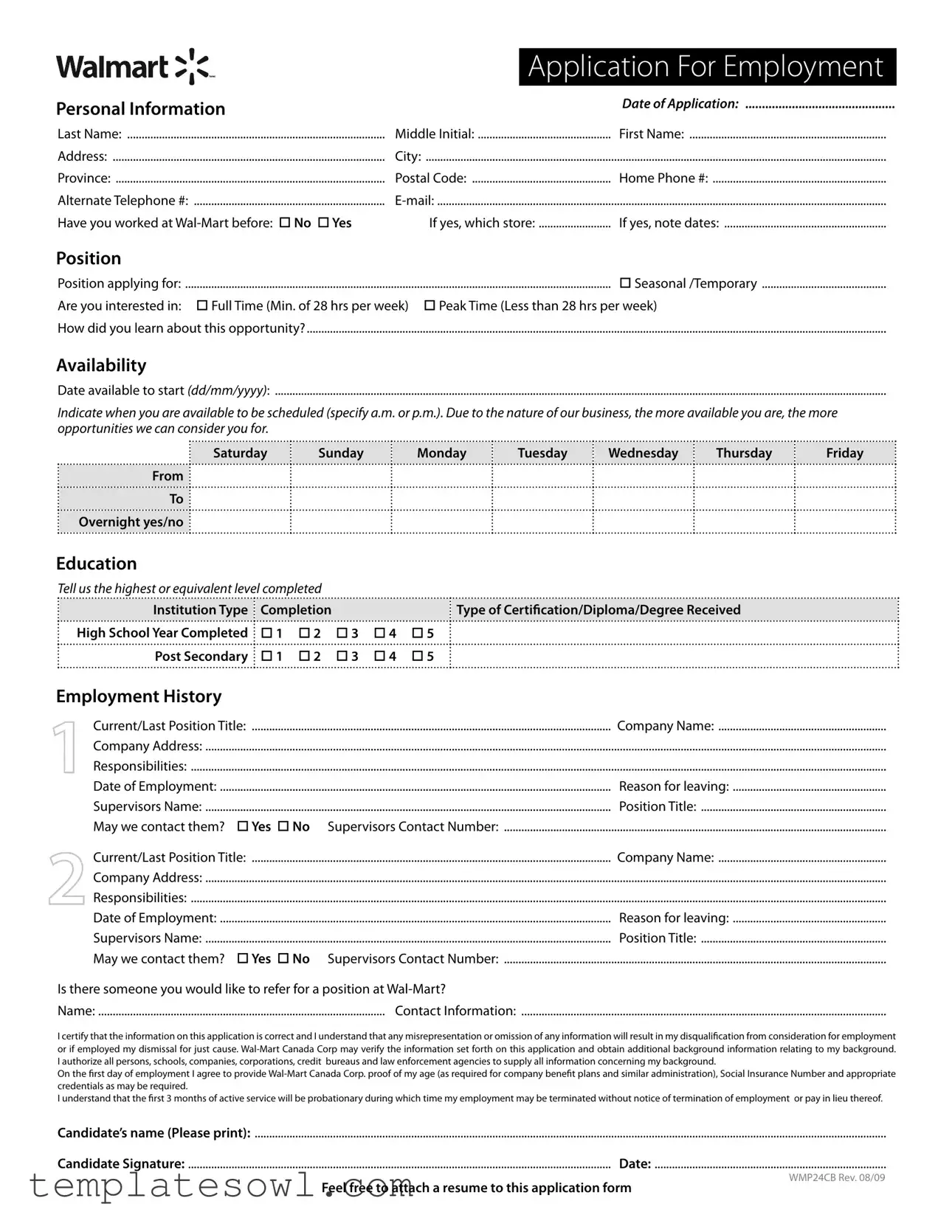 Fill Out Your Walmart Application Form