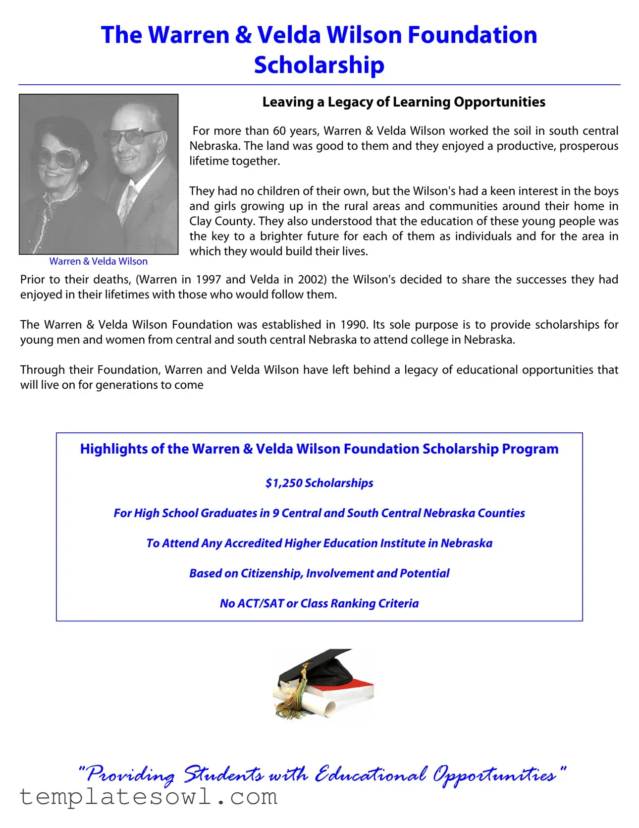Fill Out Your Warren And Velda Wilson Scholarship Form