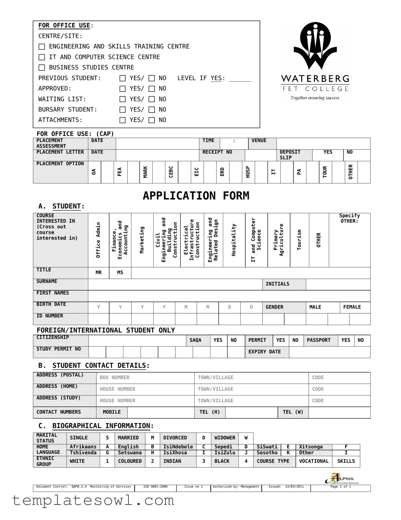 Fill Out Your Waterberg Fet College Application Form