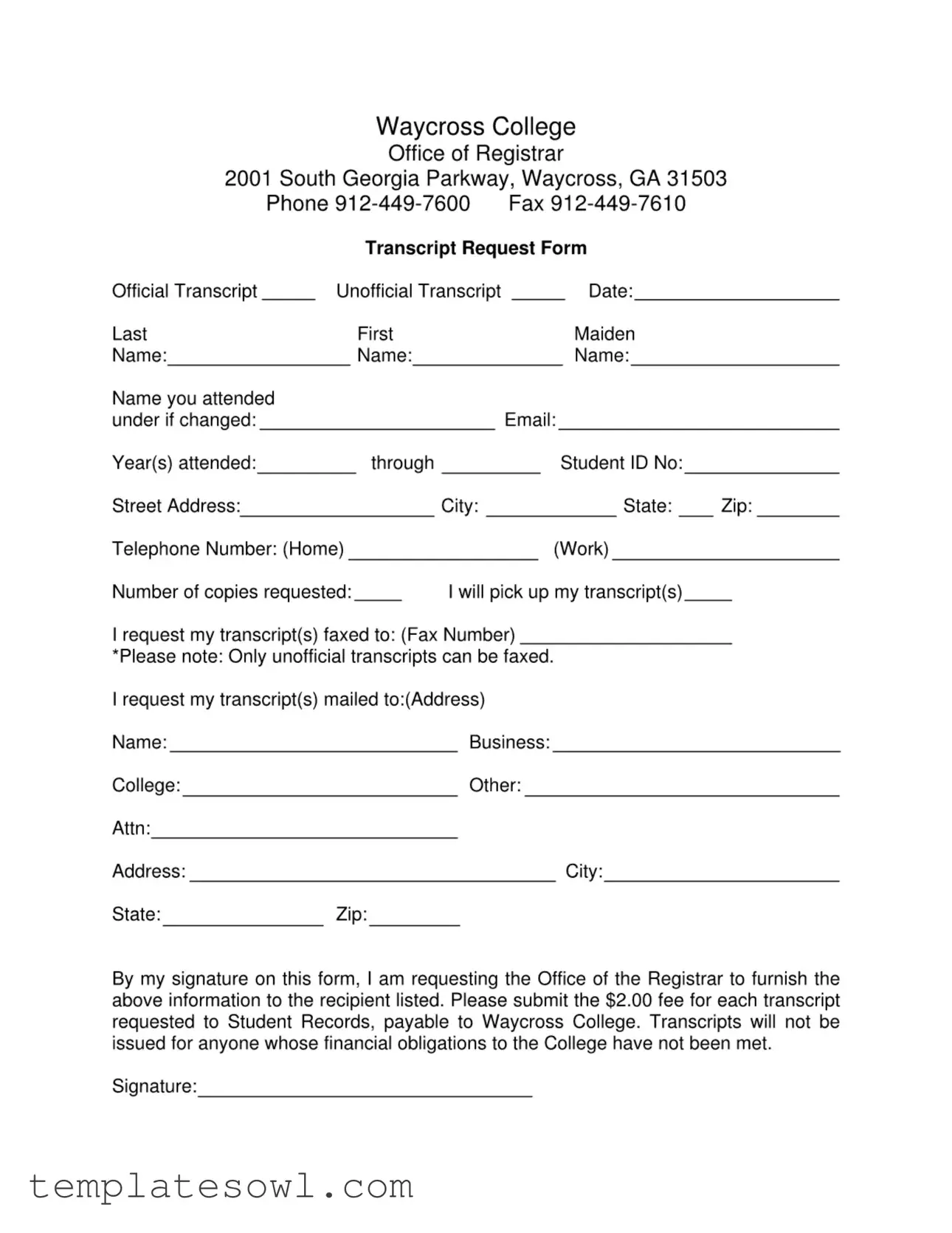 Fill Out Your Waycross College Transcript Form