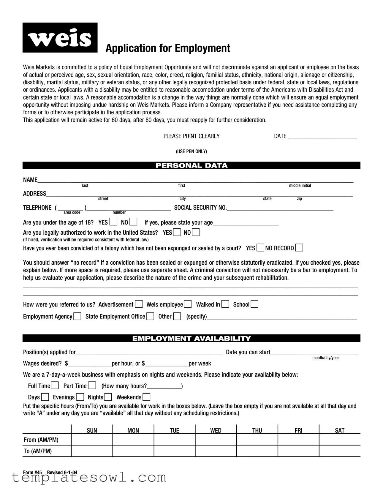 Fill Out Your Weis Employment Application Form