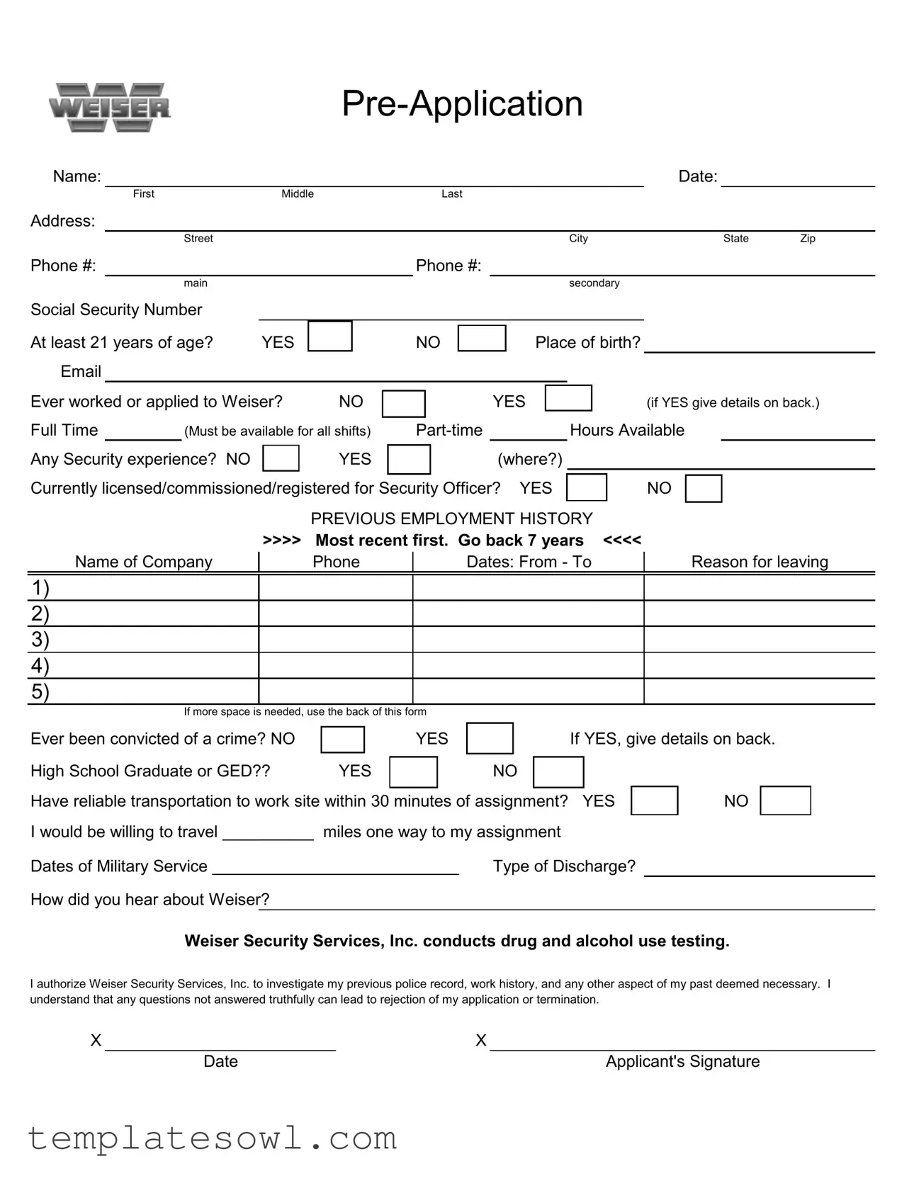 Fill Out Your Weiser Security Pre Application Form