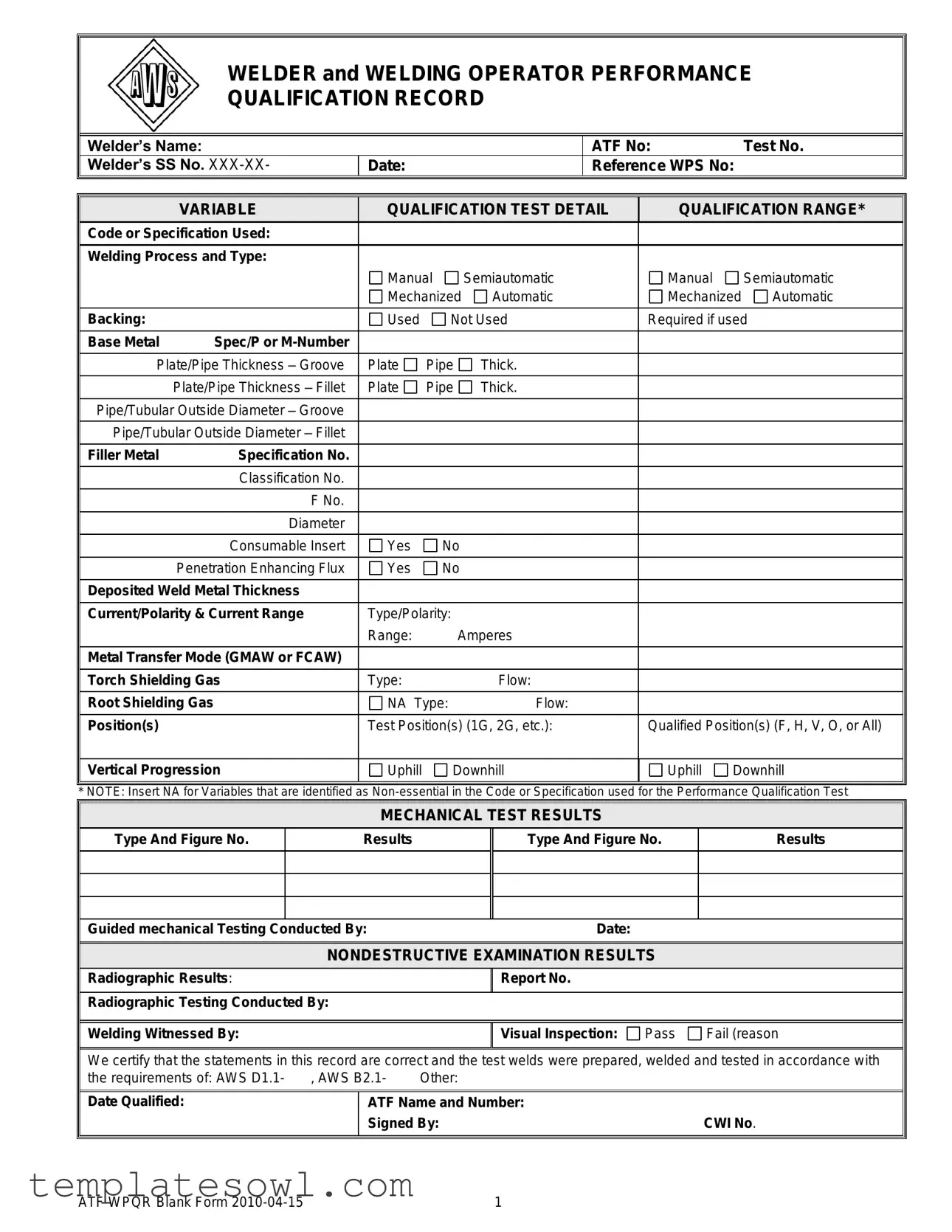 Fill Out Your Welder Performance Qualification Record Form