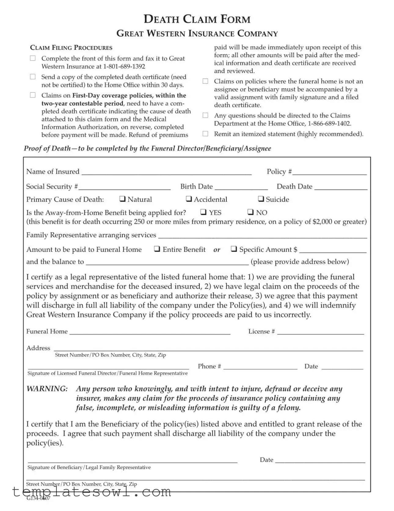 Fill Out Your Western Insurance Death Claim Form