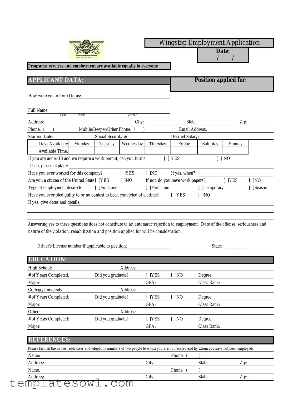 Fill Out Your Wingstop Application Form