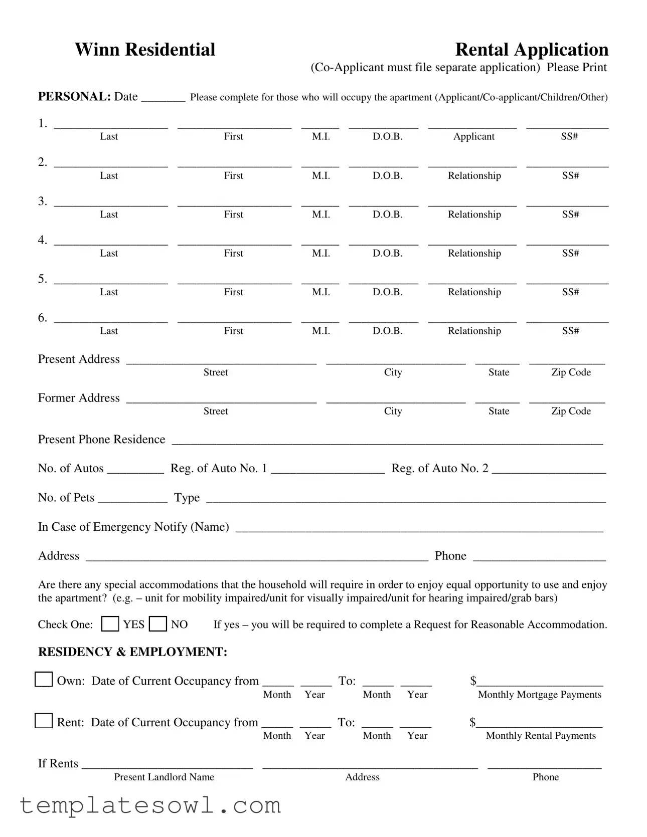 Fill Out Your Winn Residential Application Form