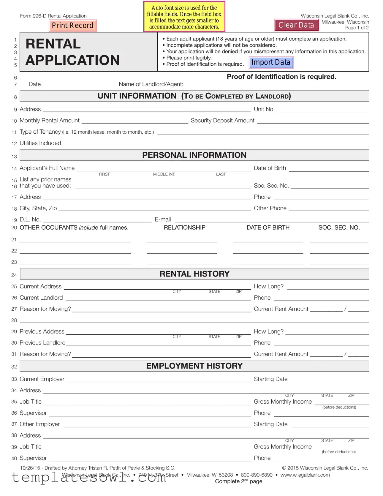Fill Out Your Wisconsin Rental Application Form