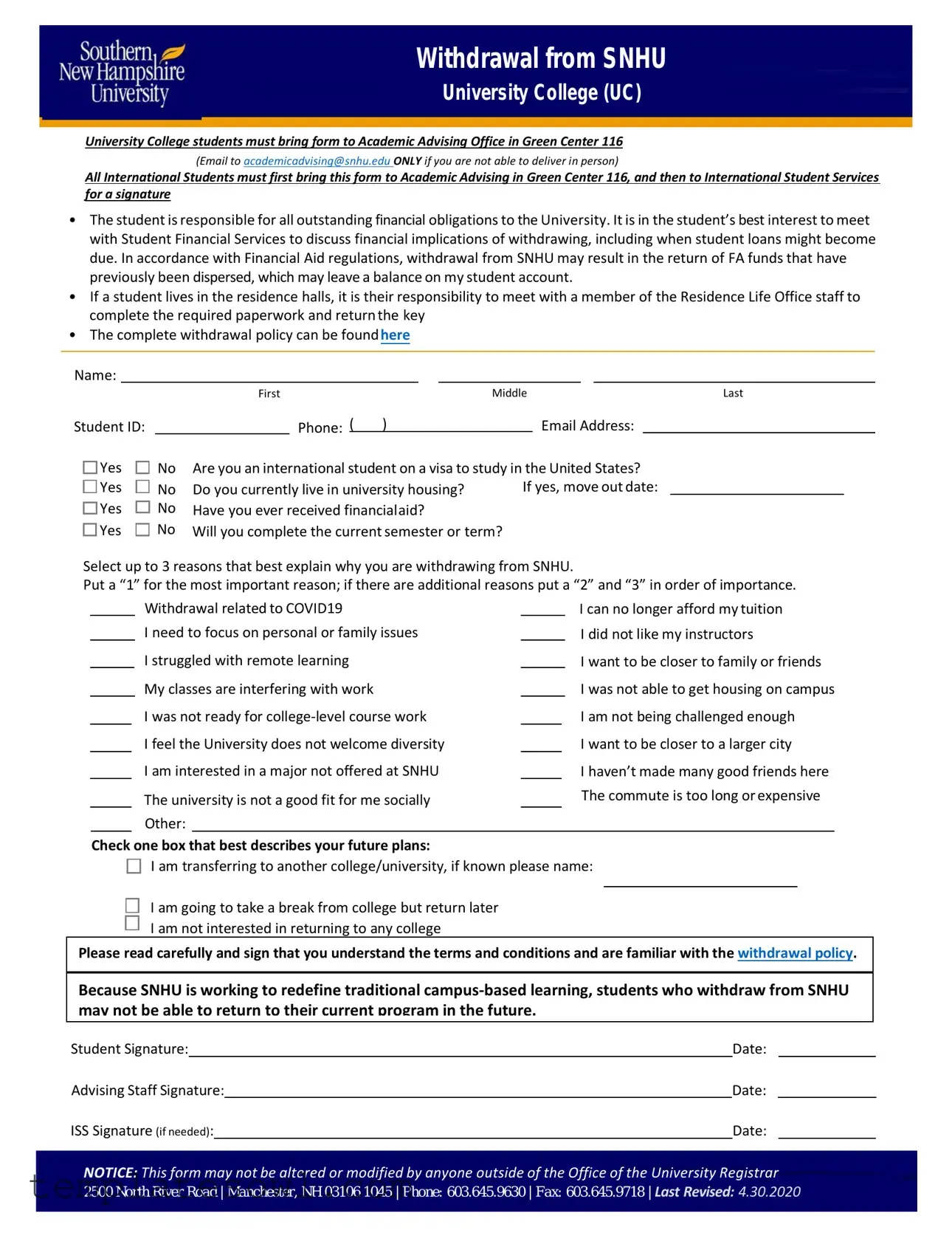 Fill Out Your Withdraw From Snhu School Form