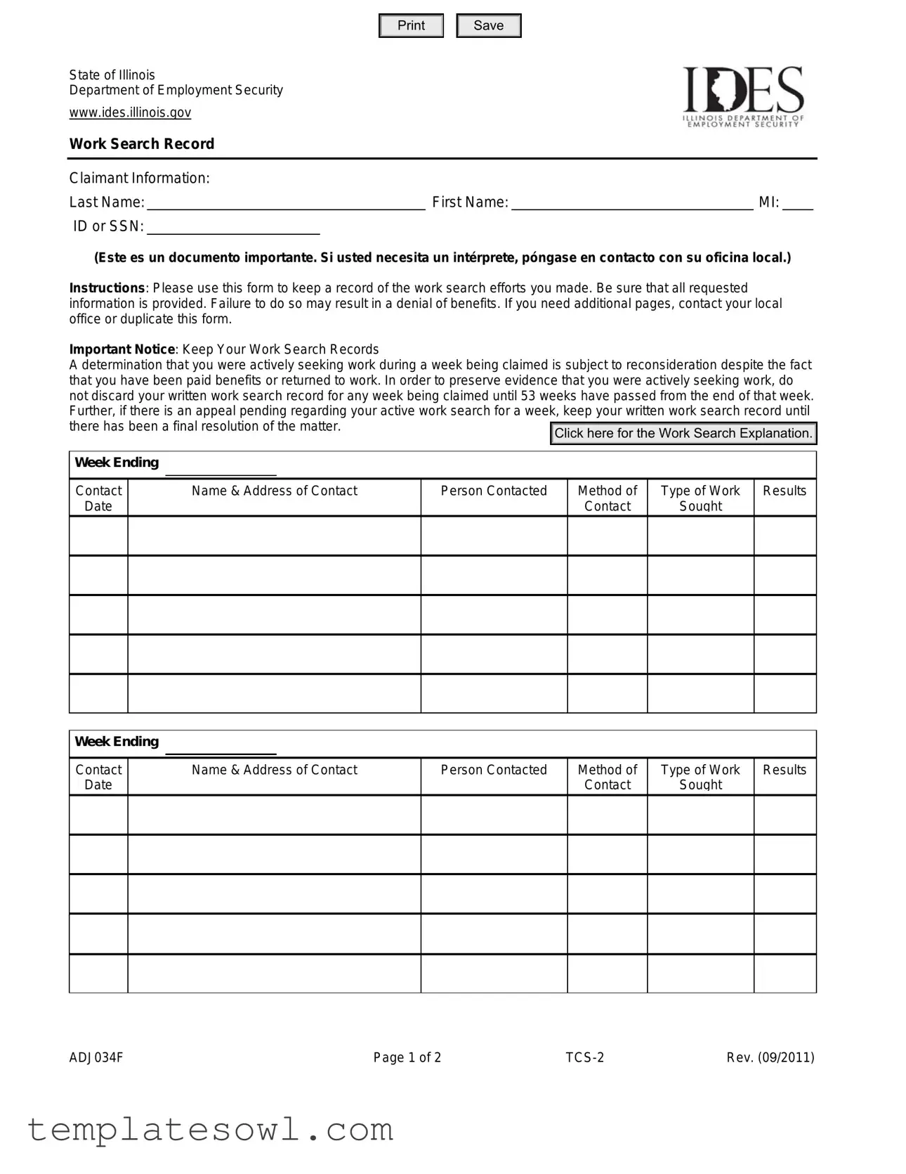 Fill Out Your Work Search Record Form