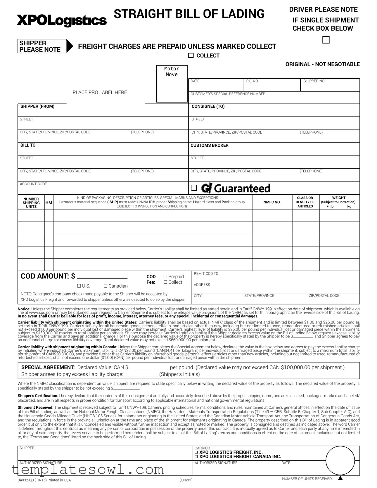 Fill Out Your Xpo Logistics Bill Of Lading Form