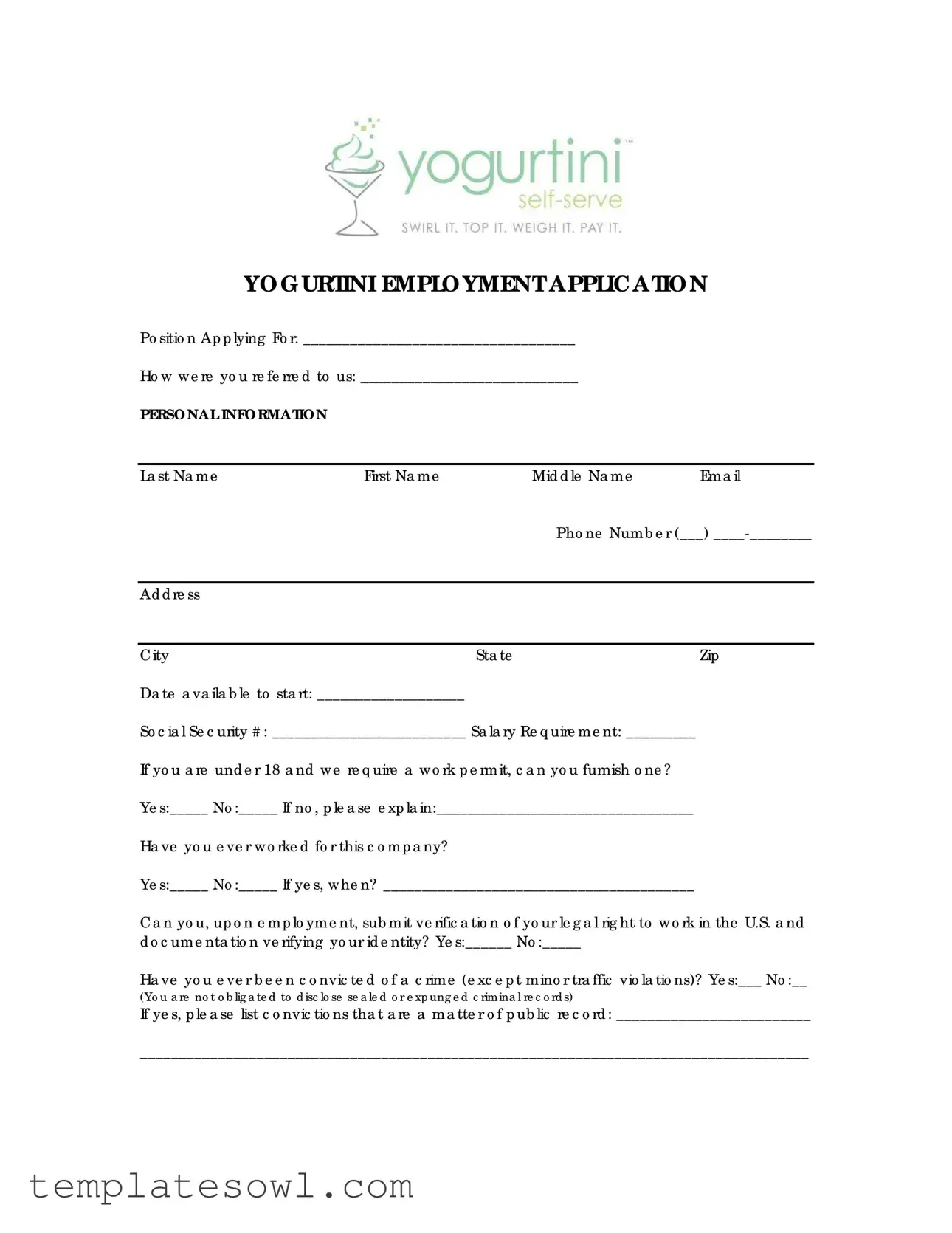 Fill Out Your Yourtini Employment Application Form