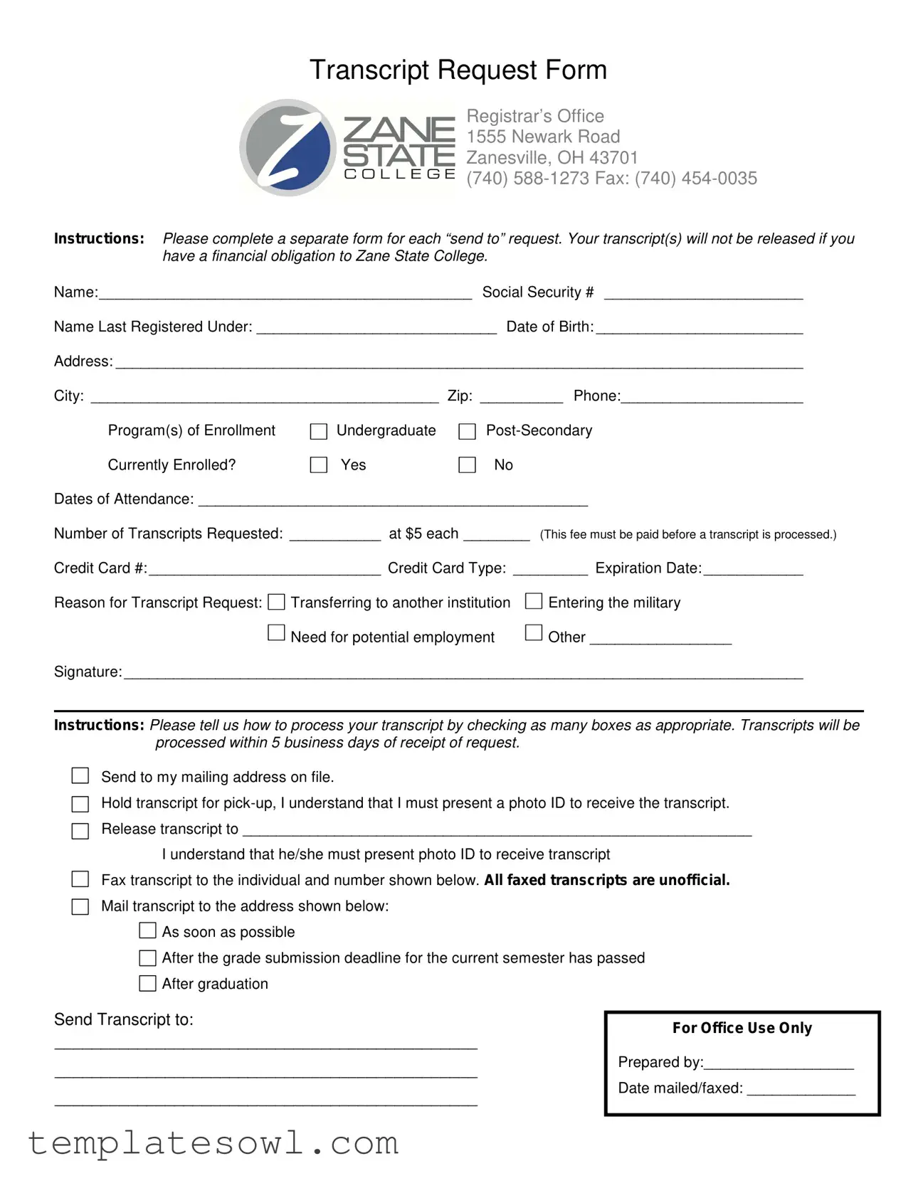 Fill Out Your Zane Transcript Request Form